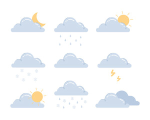 Weather phenomena icon set - clouds, wind, thunderstorm, snow, rain, sun, moon on white background.Modern colored vector illustration cartoon flat style.