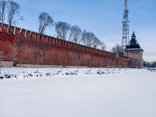 The historic city center of Smolensk, Russia. Old castle wall of Kremlin in Smolensk