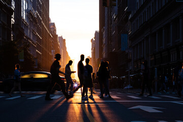 Silhouettes of people crossing a busy intersection on 5th Avenue in New York City with the light of...