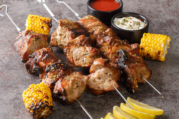 Cooked tasty kebabs with vegetables and spices on concrete board close-up. Horizontal