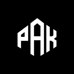 PAK letter logo design with polygon shape. PAK polygon and cube shape logo design. PAK hexagon vector logo template white and black colors. PAK monogram, business and real estate logo.