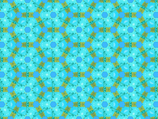 Modern and sophisticated geometric pattern with the Statue of Liberty. Kaleidoscopic print for wallpapers, wrapping paper, stationery. Repeating textile pattern in blue and green colors.