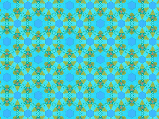 Modern and sophisticated geometric pattern in blue and green colors. Bright kaleidoscopic print for wallpapers, wrapping paper, stationery. Repeating textile pattern with geometric flowers.