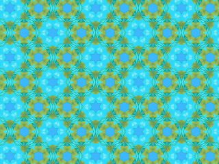Modern and sophisticated geometric pattern in blue and green colors. Bright kaleidoscopic print for wallpapers, wrapping paper, stationery. Repeating textile pattern with geometric snowflakes.