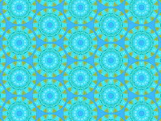 Modern and sophisticated geometric pattern in blue and green colors. Bright kaleidoscopic print for wallpapers, wrapping paper, stationery. Repeating textile pattern with geometric flowers.