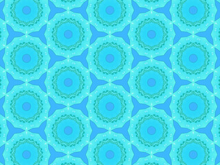 Modern and sophisticated geometric pattern in blue colors. Bright kaleidoscopic print for wallpapers, wrapping paper, stationery. Repeating textile pattern with geometric flowers.