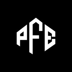PFE letter logo design with polygon shape. PFE polygon and cube shape logo design. PFE hexagon vector logo template white and black colors. PFE monogram, business and real estate logo.