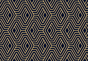 Abstract geometrisch patroon met strepen, lijnen. Naadloze vectorachtergrond. Goud en donkerblauw ornament. Eenvoudig rooster grafisch ontwerp