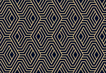 Foto op Plexiglas Zwart goud Abstract geometrisch patroon met strepen, lijnen. Naadloze vectorachtergrond. Goud en donkerblauw ornament. Eenvoudig rooster grafisch ontwerp