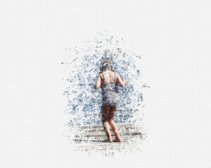 Fototapeta na wymiar Girl jumping off pier into water, watercolor effect illustration
