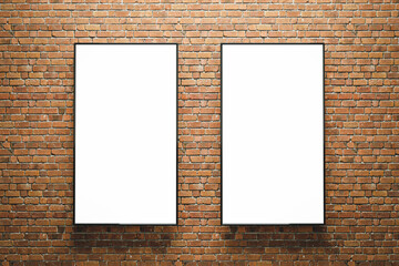 3D render. Mockup of two vertical blank advertising posters or screens on bricks wall. Easy to edit