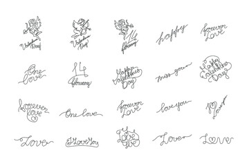 Love and Valentines lettering set.  Heart continuous line drawing, small tattoo, print for clothes and logo design, one single line on a white background, isolated vector illustration.