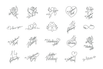 Love and Valentines lettering set.  Heart continuous line drawing, small tattoo, print for clothes and logo design, one single line on a white background, isolated vector illustration.