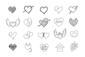 Valentines day. Love set. Heart continuous line drawing, small tattoo, print for clothes and logo design, one single line on a white background, isolated vector illustration.