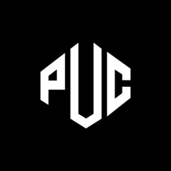 PUC letter logo design with polygon shape. PUC polygon and cube shape logo design. PUC hexagon vector logo template white and black colors. PUC monogram, business and real estate logo.