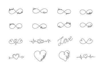Set of Infinities Love and Lettering. Valentines day. Heart continuous line drawing, small tattoo, print for clothes and logo design, isolated vector illustration.