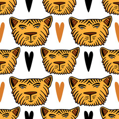 Tigers pattern with hearts for linen and pajamas designs. - 478365907
