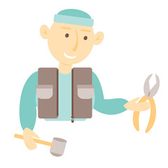 Vector illustration of a young guy with tools in his hands. The guy with a hammer and pliers. Builder. Isolated