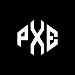 PXE letter logo design with polygon shape. PXE polygon and cube shape logo design. PXE hexagon vector logo template white and black colors. PXE monogram, business and real estate logo.