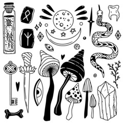 Witchcraft collection with doodle mystic elements for temporary tattoo design.