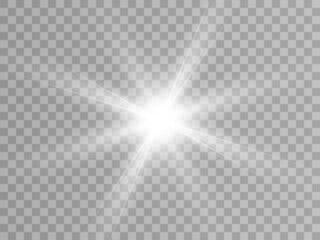 Flash of bright white light on a transparent background Vector.