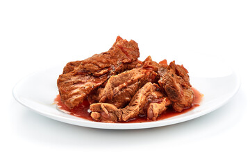 Stewed Pork ribs, close-up, isolated on white background.