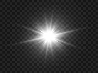 Flash of bright white light on a transparent background Vector.