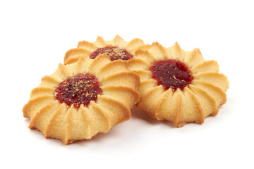 Cookies with red jam, isolated on white background.