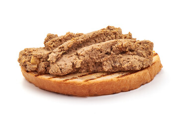 Liver pate sandwich, close-up, isolated on white background.