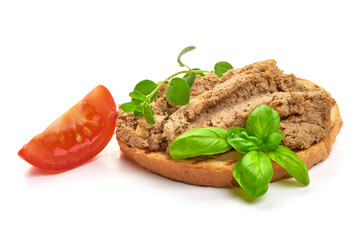 Liver pate sandwich, close-up, isolated on white background.