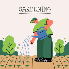 Cartoon vector illustration on the theme of garden, gardening,cultivation, agriculture, spring. Man is watering the rows from watering can. Colorful background for use in design