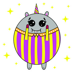 A cute hamster with a magic horn. Sweet hug. Print, poster, T-shirt, postcard. Vector illustration isolated on a white background.
