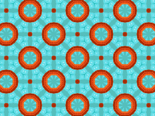 Modern sophisticated geometric pattern in soft blue and terracotta colors. Bright kaleidoscopic print for wallpapers, wrapping paper, stationery. Repeating textile pattern with geometric flowers.
