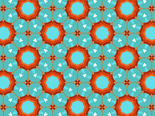 Modern sophisticated geometric pattern in soft blue and terracotta colors. Bright kaleidoscopic print for wallpapers, wrapping paper, stationery. Repeating textile pattern with geometric flowers.