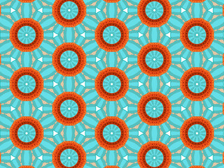 Modern sophisticated geometric pattern in soft blue and terracotta colors. Bright kaleidoscopic print for wallpapers, wrapping paper, stationery. Repeating textile pattern with geometric flowers.