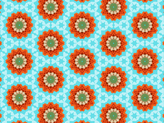 Modern sophisticated geometric pattern in soft blue, green, and terracotta colors. Kaleidoscopic print for wallpapers, wrapping paper, stationery. Repeating textile pattern with geometric flowers.