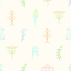Abstract Doodle Seamless Pattern Plants Branch Botanic Leaf Leaves Herb Nature Background Decoration Vector Design Style For Prints Textiles, Clothing, Gift Wrap, Wallpaper, Pastel