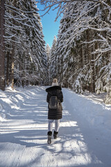 Woman walking in the mountains in a snowy forest.