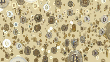 Bitcoin Rain on Light Gold Colored Background 3D Rendering