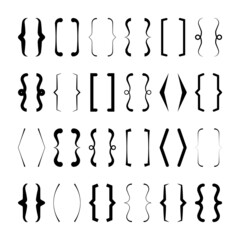 Text brackets collection, black quotation box. Curly, square and corner parentheses. Vintage typographical symbol, calligraphic quote frame. Doodle, lettering element. Vector illustration.