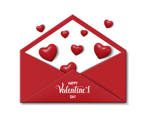 Banner for St. Valentine's Day. Realistic open red envelope with hearts and lettering. Color vector illustration, 3d style. White isolated background.