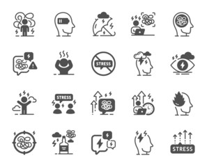 Stress icons. Mental health, depression and confusion thoughts. Frustrated man, negative mood, panic fear simple icons. Stress pressure and psychology mental problems. Bad depression. Vector
