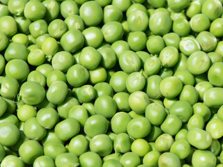 Top view of organic green peas, green background