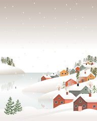Vector illustration of winter landscape. Village and ice lake in flat style. Snow background and snowfall. Snow weather. Poster elements, book covers, brochures, magazine, leaflets, booklet