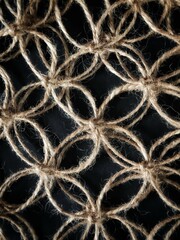 Handmade braided twine pattern on black background with selective focus