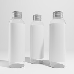 three plastic bottle with blank label and metallic cap a front view 3d render