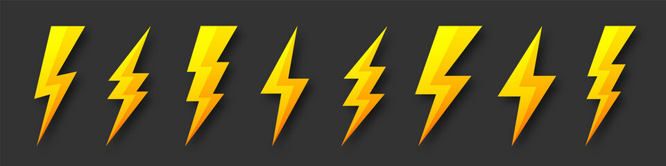 Yellow lightning bolt icons collection. Flash symbol, thunderbolt. Simple lightning strike sign. Vector illustration.