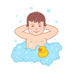 Baby in the bathroom. The boy bathes with foam. Vector illustration