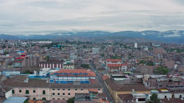 Aerial view Ayacucho Peru. Cityscape in the Andes mountains on which stand houses and cathedrals in the Latin style.