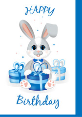 Happy Birthday. Cute little rabbit or hare sitting with gifts. Greeting card for boy birthday, party and other holiday.